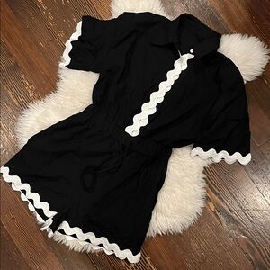 Black Short-Sleeve Romper with White Scalloped Trim